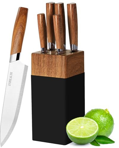 lapelux Knife Set - 5 Piece Kitchen Knife Set with Knife Block, Wood Grain Handle, Sharp Stainless Steel Chef Knife, Bread Knife, paring Knife, Utility Knife.