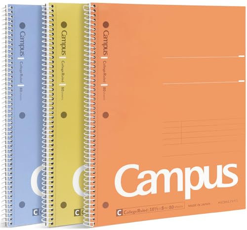 KOKUYO Spiral Notebook, 3 Pack Campus 10-1/2 x 8 Subject Notebooks with College Ruled, 80 Sheets, Yellow Orange Purple 3 Holes School Spiral Journal for Work Study Note Taking (WSG-SU-400G2×3)