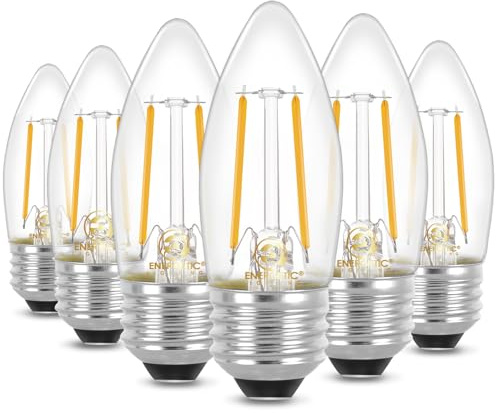 Energetic B10 B11 LED Filament Bulb E26 Candelabra Medium Base 2700K Soft White, 4W, Equivalent 40W, 300 Lumens Dimmable Decorative Candle Light Bulb for Ceiling Fan, Pack of 6