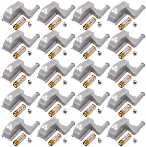 20 luces LED con bisagras, sensor de luz LED universal para bisagras interiores (blanco), luz LED con sensor de luz, funciona con pilas para armarios y armarios