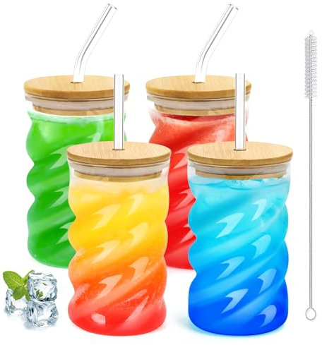 SILRIVES Vasos de 500 ml con tapa y pajita, 4 vasos acanalados de café helado, cristal de matcha, vasos con tapa y pajita para latte macchiato, cócteles, bebidas largas, batidos, batidos de leche