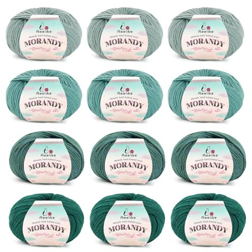 Aeelike 12 x 50g Merino Wool Yarn for Knitting - 98% Wool 2% Acrylic - Crochet Yarn Knitting Wool for Baby Blanket, Scarf, Socks, Hat, Crafting - Shades of Green - Merino Yarn for Crochet Beginners
