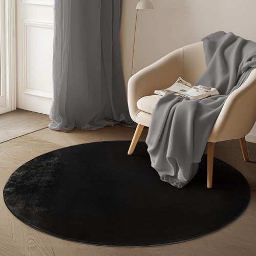 Carpetsale24 Kurzflor Teppich Wohnzimmer 80 cm Rund Schwarz - Runder Teppich Waschbar, rutschfest, Weich, modern einfarbig Design - für Schlafzimmer, Küche, Esszimmer