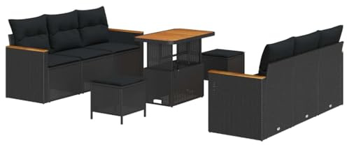 vidaXL 9-teiliges Garten-Sofa-Set mit Kissen - Schwarz, Poly-Rattan, Akazienholz, wetterfest. Robuste Sitzgelegenheit für Terrasse, Garten, Balkon und Outdoor-Möbel. Modul-Lounge-Suite.