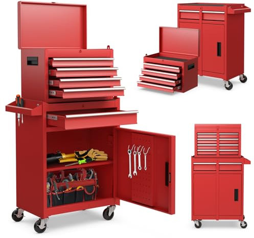 SOARS Servante d’Atelier, Chariot d’Atelier avec 5 Compartiments, 2 Étagères, Coffre Outils Amovible & Armoire à Outils, Verrouillable, 59 X 28 X 102 CM, pour Garage, Atelier, Maison (Rouge)