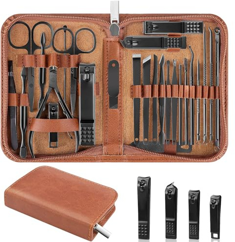 Nail Clippers Set, 26 Piece Manicure Set & Pedicure Kit, Stainless Steel Fingernail & Toenail Clipper Cutters, Professional Nail Care Tools with Luxurious Travel Case for Men and Women, Brown