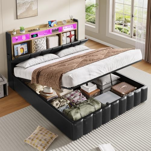KIMENICH Bett mit LED Beleuchtung, Hydraulisches Bett 160 x 200 cm, Polsterbett, Regalkopfteil mit Stauraum, Bettgestell mit Lattenrost, bequem, für Schlafzimmer, Gästezimmer, Schwarz