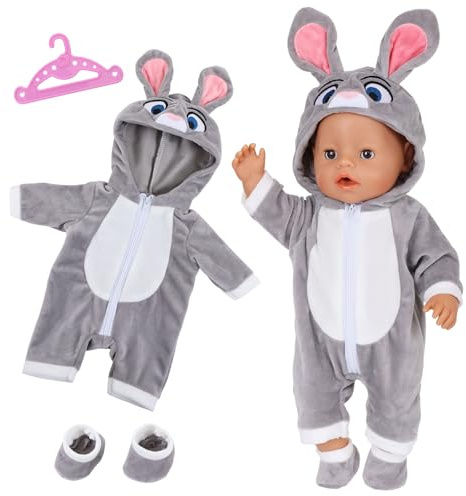 Puppenkleidung, Outfits, Overalls für 35-43 cm Babypuppen, grauer Hasen-Kapuzenpuppenkleidung mit Kleiderbügel, Socken, Kleidung für 35–43 cm Babypuppen, Weihnachtsgeschenk, Geburtstagsgeschenk für