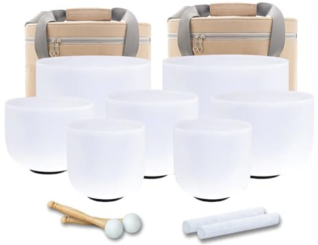 Hye-eun Juego de cuencos de cristal de 6-12 pulgadas, 432 Hz, con bolsas de transporte beige