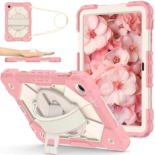 XNCVBD for T-Mobile REVVL Tab 2 10,1 Pouces 2025 Tablette Antichoc Robuste Housse Hybride en Silicone PC avec Support Rotatif à 360°, Armure Anti-Rayures Bandoulières/Poignets Réglables(Rose Gold)