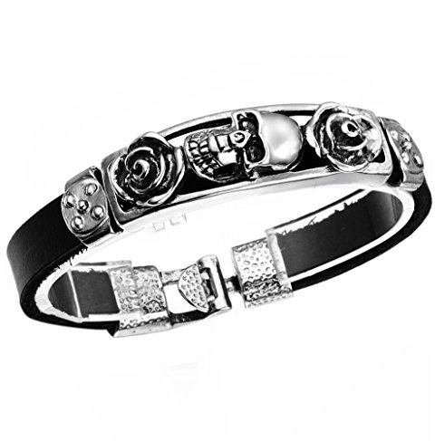 Cupimatch Herren Retro Schädel Lederarmband, Gotik Punk Rock Legierung Rose Totenkopf geflochten Manschette Kordelkette Armband, schwarz silber