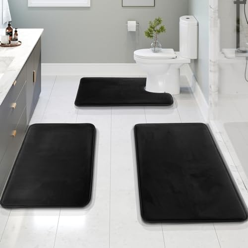 Clara Clark 3 Piece Velvet Memory Foam Bath Mat Set - Non-Slip, PVC Backing, Washable Bathroom Rugs - Dries Quickly, Black