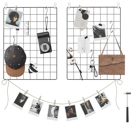 SONGMICS Wandgitter für Foto Metall Wandgitter Panel DIY Draht Foto Hängende Display 2er Set mit S Haken Clip Hanfschnur 16,5 x 12,2 Zoll Schwarz ULPP01H