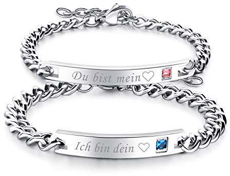JewelryWe Paar Armband Panzerkette Partnerarmband: 2pcs Freundschaftsarmband Edelstahl Zirkonia Verstellbare Armkette Armreifen mit Gravur Ich Bin Dein & Du bist Mein Pärchen Geschenk für sie und ihn