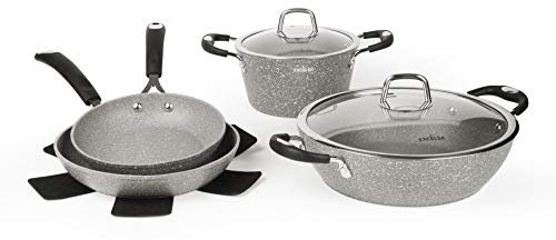 Excelsa Forn Ok Set di Pentole, 8 Pezzi, Alluminio Forgiato, Rivestimento Antiaderente, Grigio Effetto Pietra