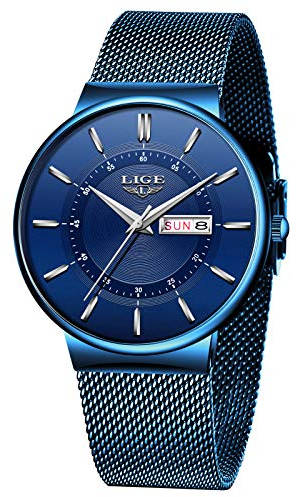 LIGE Uhr Herren | Wasserdicht Edelstahl Vintage Analog Armbanduhren Business Quarz Schwarz Edelstahlband Herrenuhr Datumsanzeige Klassisch Einfach Watches for Men - Geschenk für Männer,Alle Blau