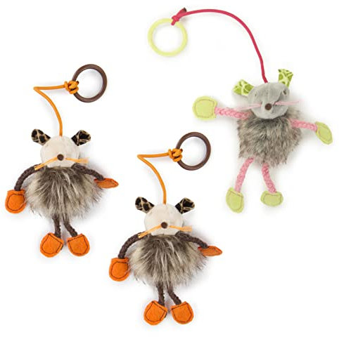 SmartyKat Bouncy Mouse set/3 Soft Plush Cat Toy, Bungee Teaser Toy, Interactive with Ring, Elastic and Extra Long Faux Fur