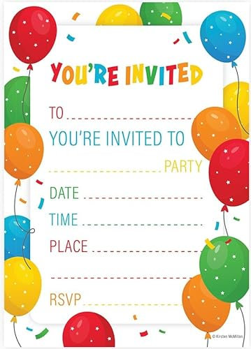 Datasafe 32 Kids Childrens Birthday Party Invitations with Envelopes Invitation Pack of 32 Orange Balloon Invites - Designed and Printed in the UK