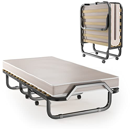 LIFEZEAL Klappbett, Klappbares Gästebett im Metallrahmen, Faltbares Einzelbett mit Matratze aus Memory Foam, Erwachsene Metallbett auf 4 Rädern (200 x 90 x 41 cm, Beige)