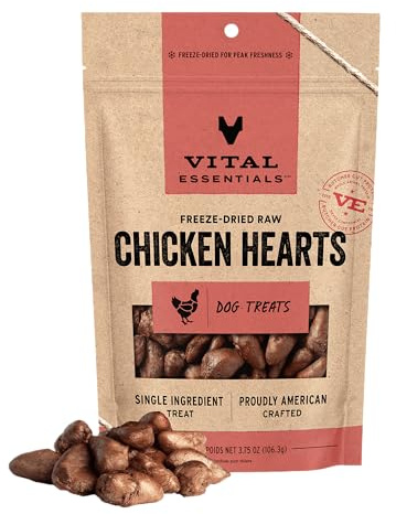 Vital Essentials Freeze Dried Raw Chicken Hearts Dog Treats | Single Ingredient | Premium Quality | Grain Free Treats for Dogs, 3.75 oz Bag