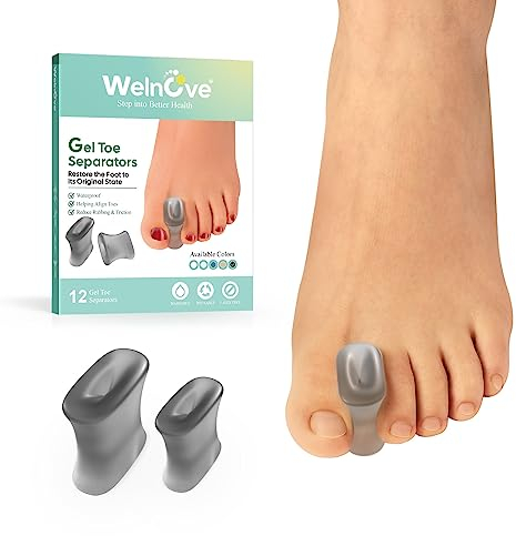 Welnove 12er-Pack Gel-Zehenspreizer – Ballenpolster – Zehenabstandshalter zum Begradigen überlappender Zehen für Männer und Frauen – Transparent Schwarz