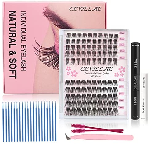 Wimpern Extensions, Cevillae 100Pcs Einzelne Wimpern Extensions Set Falsche Wimpern Natürlich DIY Wimpernverlängerung Kit mit 10-14mm Wimpernextension, Wimpernkleber, Entferner, Pinzette, Applikator
