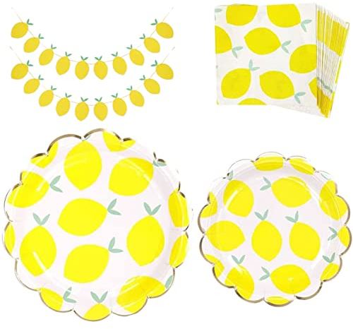 MaitianGuyou Ensemble de vaisselle jetable pour fête d'anniversaire comprenant assiettes, serviettes et bannière pour fête de fruits, pique-nique, mariage, fête prénatale – 20 invités (citron)