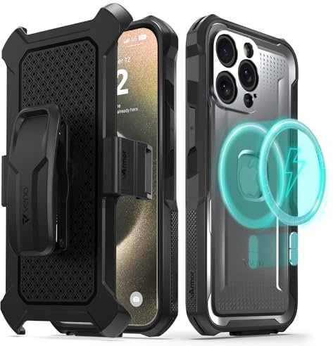 Vena vArmor Rugged Case for Apple iPhone 15 Pro Max (6.7), (Military Grade Drop Protection) Magsafe Compatible and Heavy Duty Holster Belt Clip Cover with KickStand - Space Gray/Black