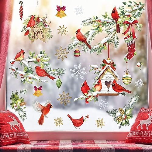 wondever Fenstersticker Weihnachten Vögel auf Baum AST Fenster Weihnachten Roter Kardinal Schneeflocken Fensteraufkleber Weihnachten Anti-Kollision Doppelseitig Glasaufkleber Weihnachten Deko