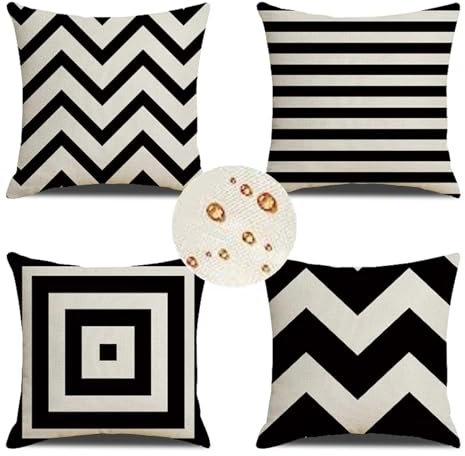 Outdoor Wetterfest Kissenbezug 35x35 cm 4er Set Schwarz Kissenbezüge Weiss Outdoor Kissen Wasserdicht Leinen Sofakissen Dekokissen für Garten Couch Terrasse Bank Stuhl Outdoor Heimdekoration Geschenke