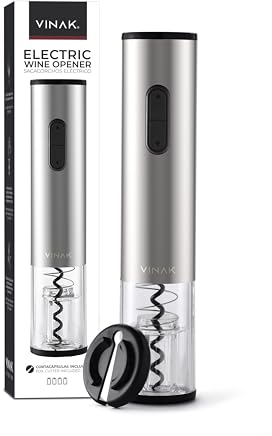 VINAK Sacacorchos eléctrico a pilas en acero inoxidable con cortacápsulas y espiral teflonada | Abridor eléctrico de diseño moderno | Abrebotellas sin esfuerzo | (A - Sacacorchos eléctrico)