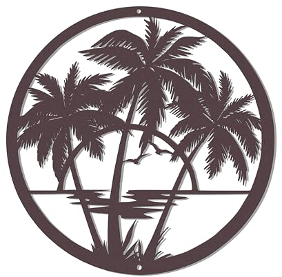 Palm Tree Wall Art & Tropical Decor - Metal Palm Tree Decor with Antique Brown Finish | Beach Bathroom & Coastal Outdoor Ready | Round Rust-Resistant Metal Wall Art for Home, Garden, Living Room