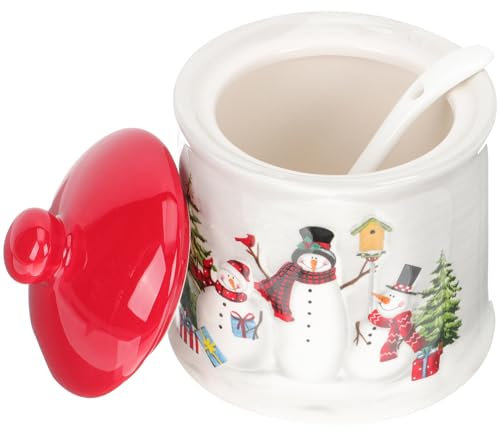 Zerodeko Envase Tarro De Condimentos De Cerámica con Cuchara Tarro De Dulces De Navidad Muñeco De Nieve Azucarero Tarro De Almacenamiento De Sal Cocina De Navidad Restaurante Regalo De
