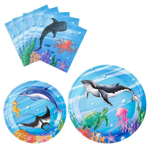 WERNNSAI Under The Sea Party Decorations - 48 PCS Under the Sea Birthday Decorations for Boys Kids Party Plates Napkins Kids Summer Tableware Serves 16 Guests Blue