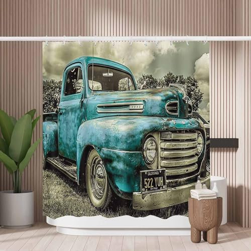 Woutay Shower Curtain Water Repellant Fabric Retro Cars,Mould Proof Resistant,Polyester,with 12 Plastic Hooks