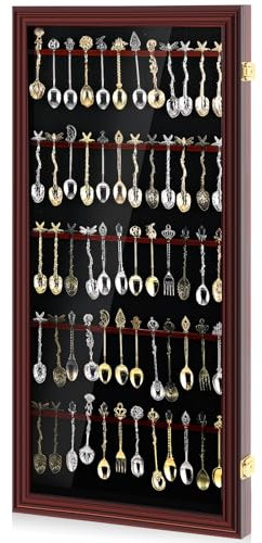 Silipull 60 Souvenir Tea Spoon Display Case Wall Mount Wooden Display Case Cabinet W/98% UV Acrylic Door Lockable Spoon Storage Display Box for Spoon Collection