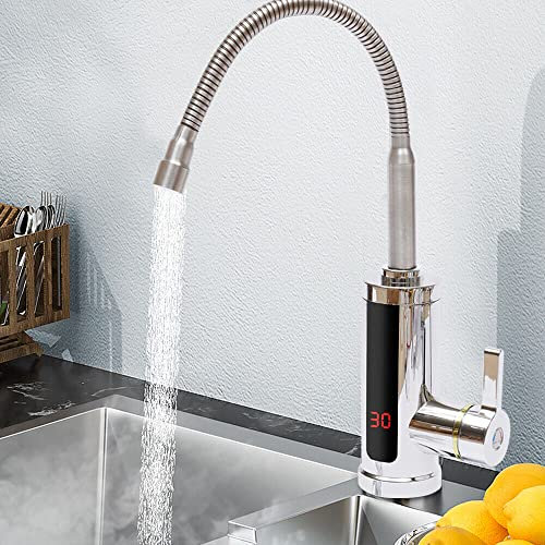 chennnls 230V Elektrischer Wasserhahn mit Durchlauferhitzer, LED Temperaturanzeige 360º Swivel Drehung Wasserhahn Edelstahl,Geeignet Für Küche,Garten