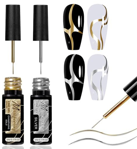 Metallic Gel Nail Polish - 2pcs Chrome Gel Nail Art Painted - Silver Gold Nail Gel - Mini Size Built-In Thin Brush for Swirl Nail Liner