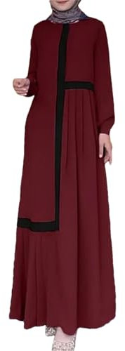 OWEIEYEU Damen Patchwork Plissee Muslim Abaya Bubble Sleeve Casual Kleid Arab Robe, weinrot, 52