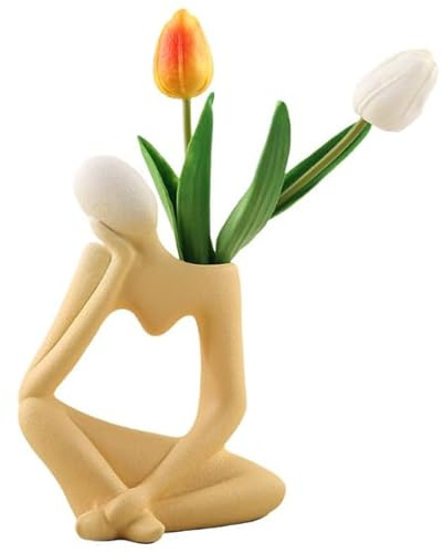 Abstract Thinker Vase Yellow Ceramic Flower Vase 20cm Tall Modern Unique Design for Home Decor, Living Room, Bedroom, Table Centrepiece, Perfect for Fresh or Dried Flowers, Long Stems, Artistic Gift