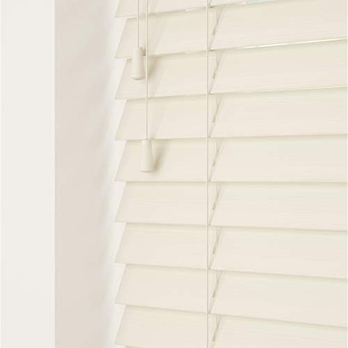 Misty White Faux Wood Venetian Blind 50mm Slats - 90cm Width x 120cm Drop | Fine grain Misty White faux wood Venetian blind with strings. 50mm slats. 90cm width x 120cm drop. Moisture resistant.