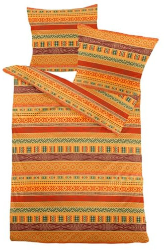 Dormisette Fein Biber Kuschel Bettwäsche 135x200cm 2 TLG. Orientalisch Streifen Punkte Orange Bunt RV