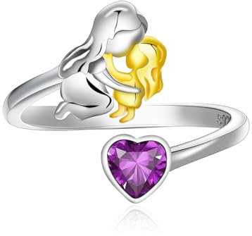 Qings Februar Amethyst Geburtsstein Ring mit Mama Töchter Design 925 Sterling Silber Mutter und Tochter Herz Zirkonia Ring