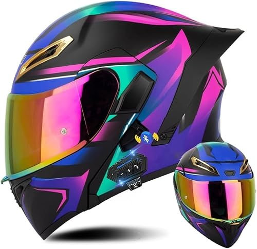 Klapphelm mit Bluetooth, Bluetooth Integralhelm Motorradhelm mit Doppelvisier, ECE Zertifiziert Lila Helm für Erwachsene Frauen Männer Hohe Qualität Helm E,M=57-58CM