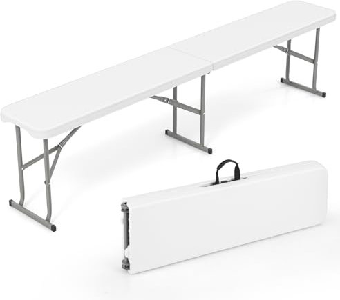 GOPLUS Banco Plegable Portátil para 4 Personas, Asiento Exterior Interior con Asa de Transporte, Banco Jardin Impermeable para Deportes Picnic Fiesta Camping Barbacoa (182 x 27,5 x 43 cm,Blanco)