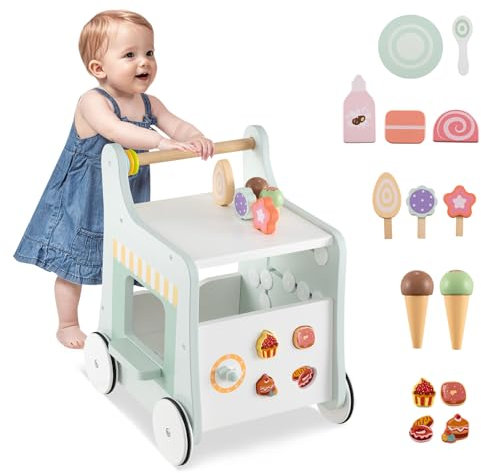 COSTWAY Lauflernwagen Holz, Lauflernhilfe mit Stauraum, Dessertladen auf Rädern mit Eiscreme, Schiebern, Labyrinth, Teller und Löffel, Montessori-Aktivitätszentrum für Kinder ab 1 Jahr (Grün)