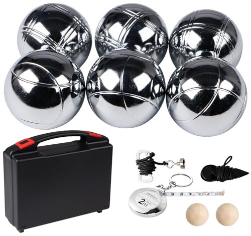 Truevaste Boule Set, 6 Boccia aus Metall mit 2 Holzkugeln, 1 Messseil, 1 Rollbandmaß, 1 Magnet-Kugelsammler & Aufbewahrungsbox, Outdoor Freizeitspiele Boule-Spiele für Garten Strand, Variante A