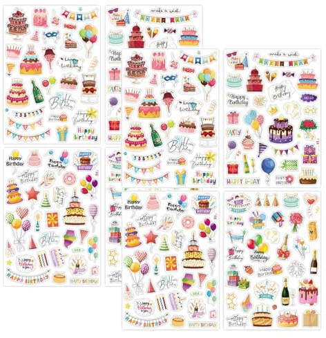 JchEnye 2 Sets Geburtstag Aufkleber (600+ Motive), Selbstklebende Kuchen & Party Sticker, passend für Gästebuch, DIY Karten, Alben, Möbel