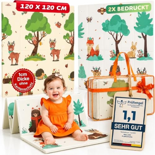 Mallie® Spielmatte Baby Faltbar 120x120x1cm [100% BPA- und Schadstoff-Frei] Doppelseitige Krabbelmatte Baby, Krabbeldecke Baby I Baby Play Mat, Spielmatte Baby Faltbar