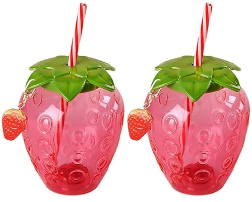 BEAHING 2 Stück Erdbeerbecher, 500 ml, niedlicher Cartoon-Becher mit Strohdeckel, Anhänger, hawaiianisches Dekor